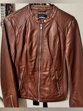 Express Brown Quilted-Shoulder “Leather” Moto Jacket